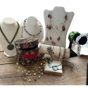Vintage Jewelry Collection With Beaded Necklaces & Green Bangle Set In Decorativ
